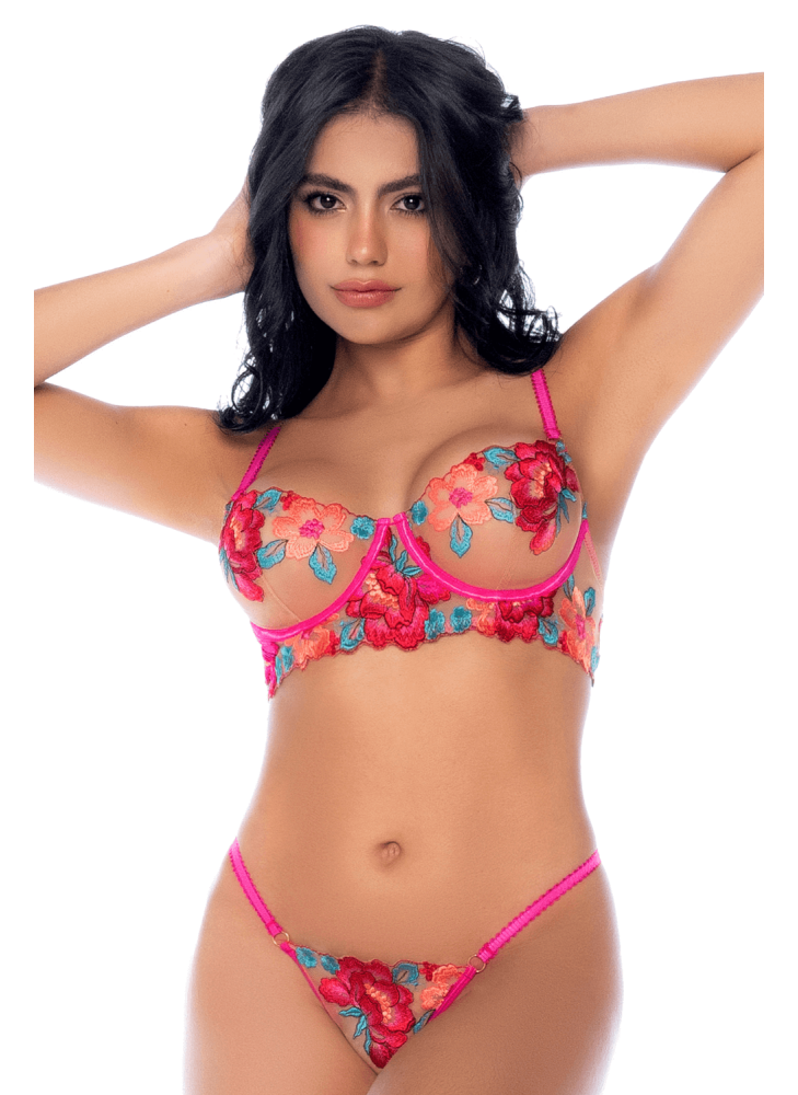 Ensemble 2 pièces résille brodée rose et bleue, soutien gorge et string - MAL8927SEGA